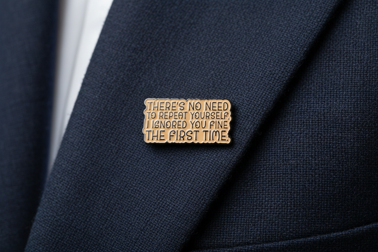 a beige enamel pin with black text on a navy lapel background