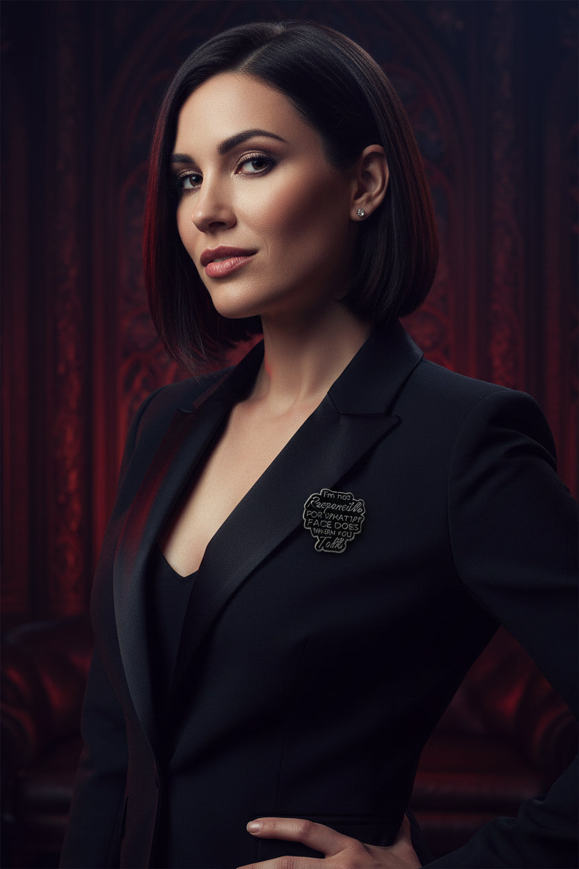 woman in a suite wearing a pin on her lapel