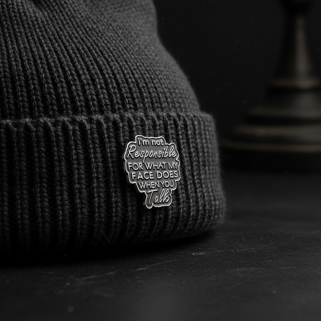 I'm not responsible for what my face does when you talk enamel pin worn on beanie hat funny enamel pin for casual outfits and street wear