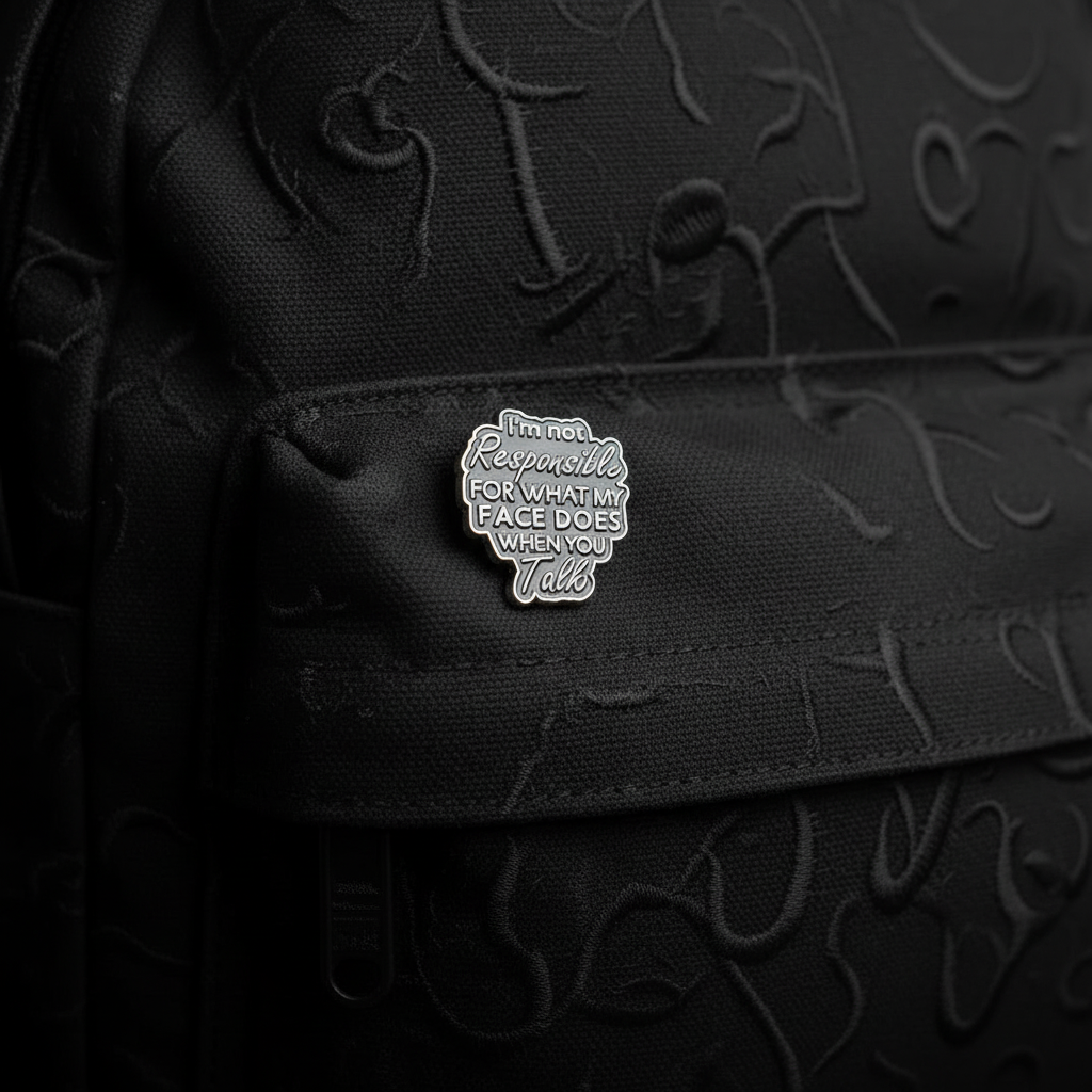 I'm not responsible for what my face does when you talk enamel pin on backpack funny accessory for customizing bags and school gear