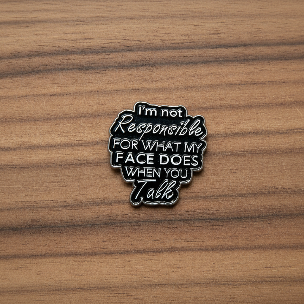 I'm not responsible for what my face does when you talk enamel pin on wood background sarcastic enamel pin with text detail