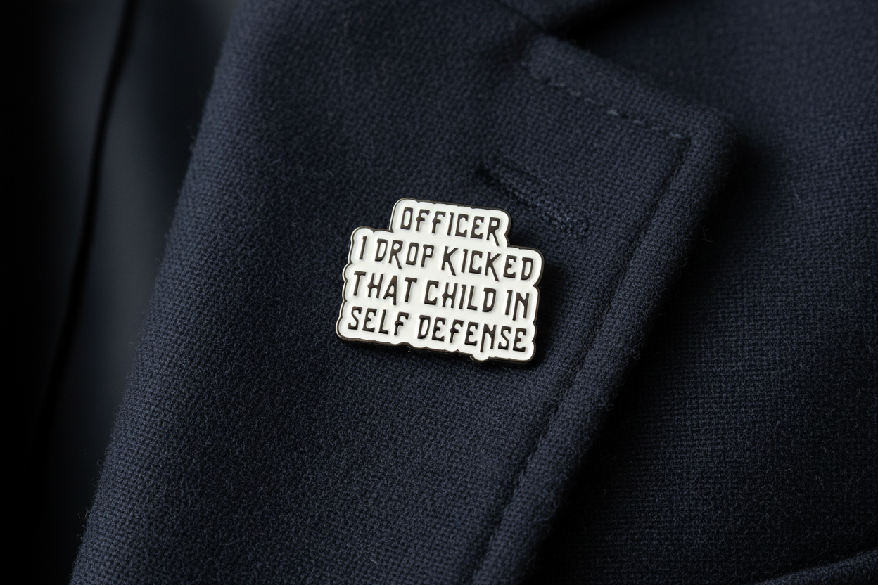 Officer I Dropkicked That Child In Self Defense Enamel Pin - Funny Meme Pin, Meme Gift, Bookbag and Lapel Pin