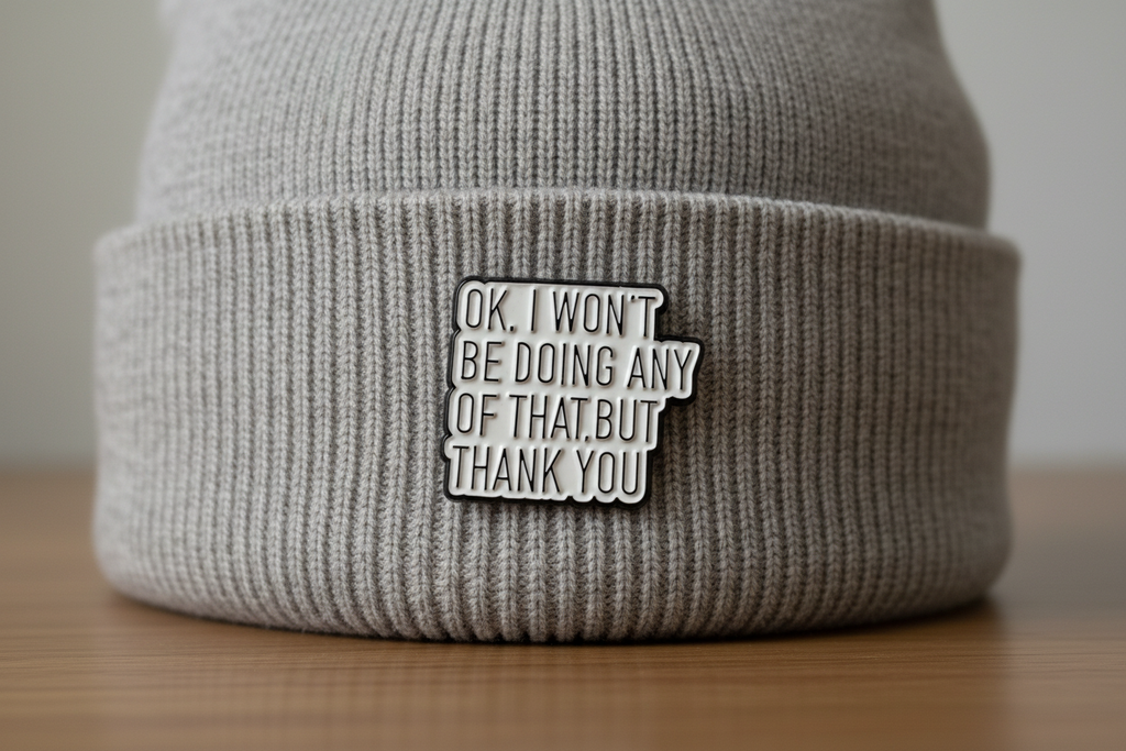 Metallic pin with text on a gray fabric background