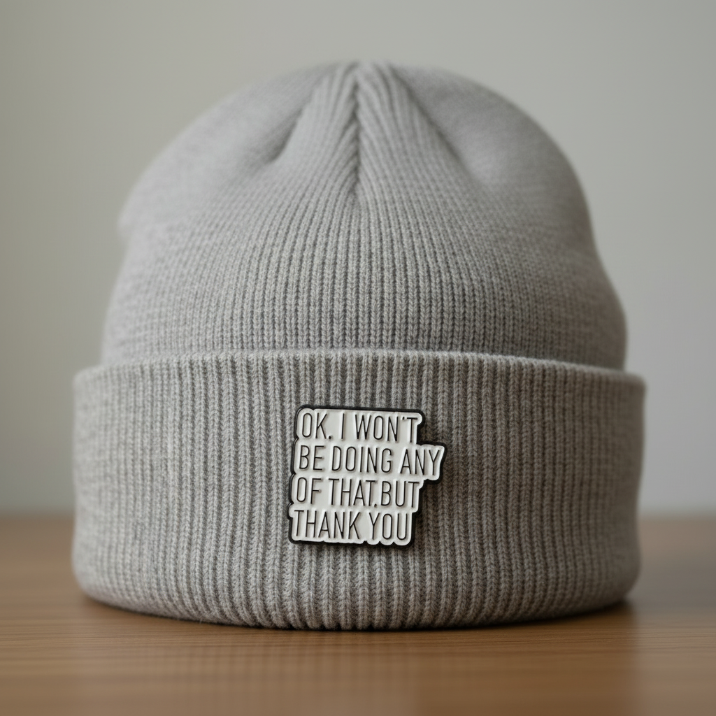 Okay I won't be doing any of that but thank you enamel pin worn on beanie hat alternative enamel pin for casual outfits and street wear