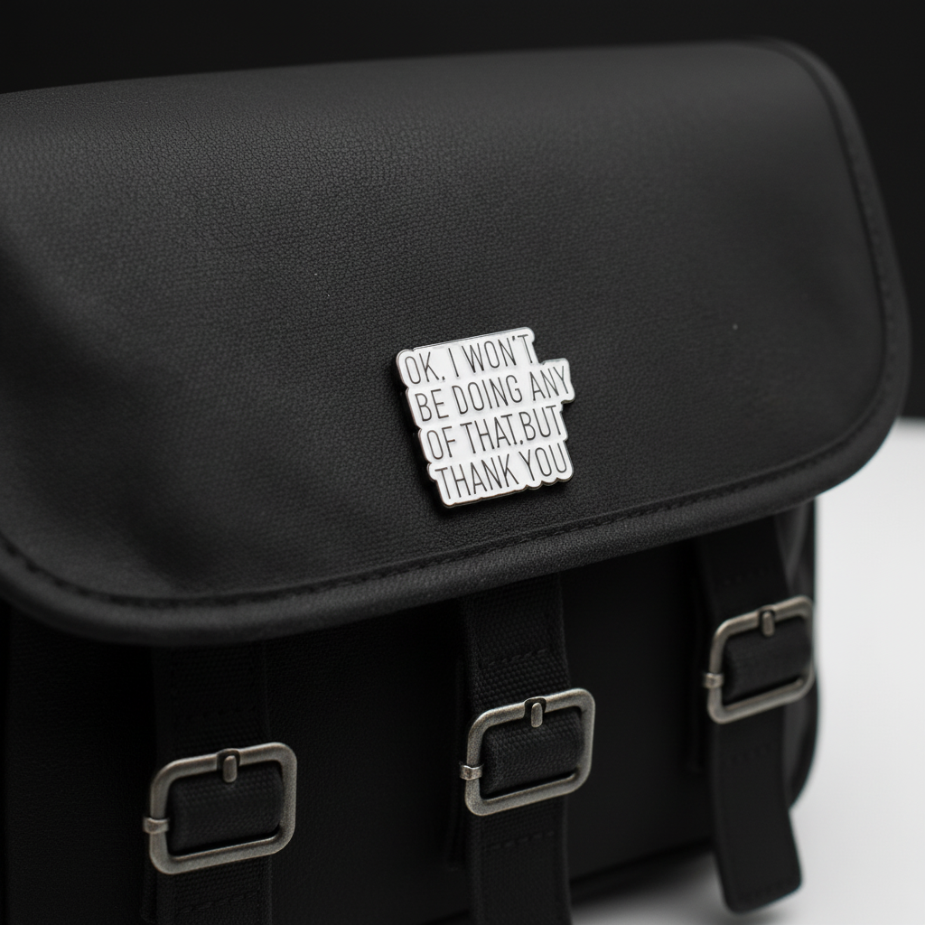 Okay I won't be doing any of that but thank you enamel pin on backpack sarcastic accessory for customizing bags and school gear