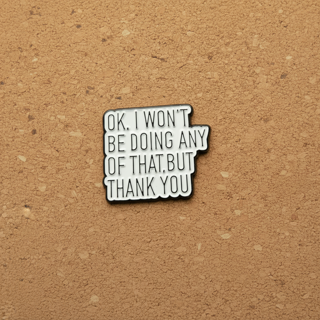 Okay I won't be doing any of that but thank you enamel pin displayed on cork board coworker enamel pin for collectors and display