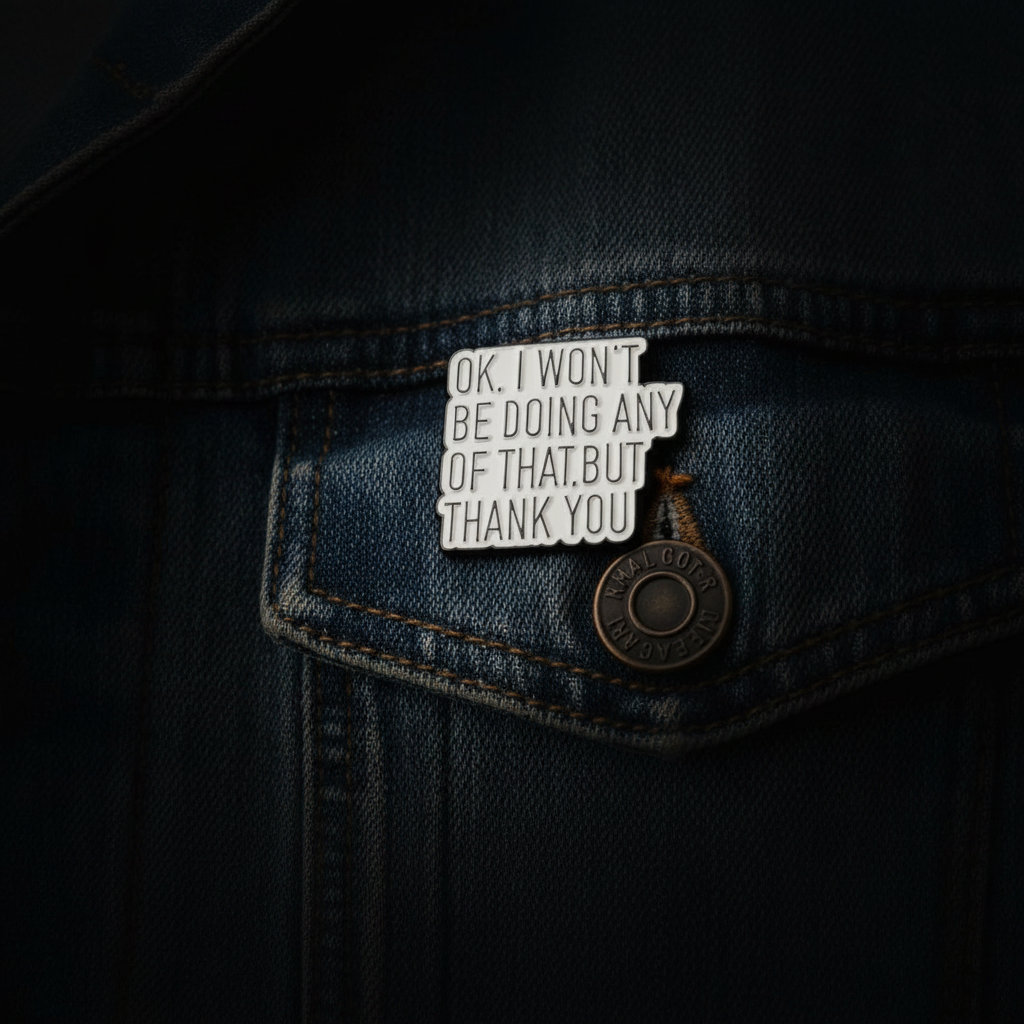 Okay I won't be doing any of that but thank you enamel pin worn on jacket lapel, funny pin style for everyday wear