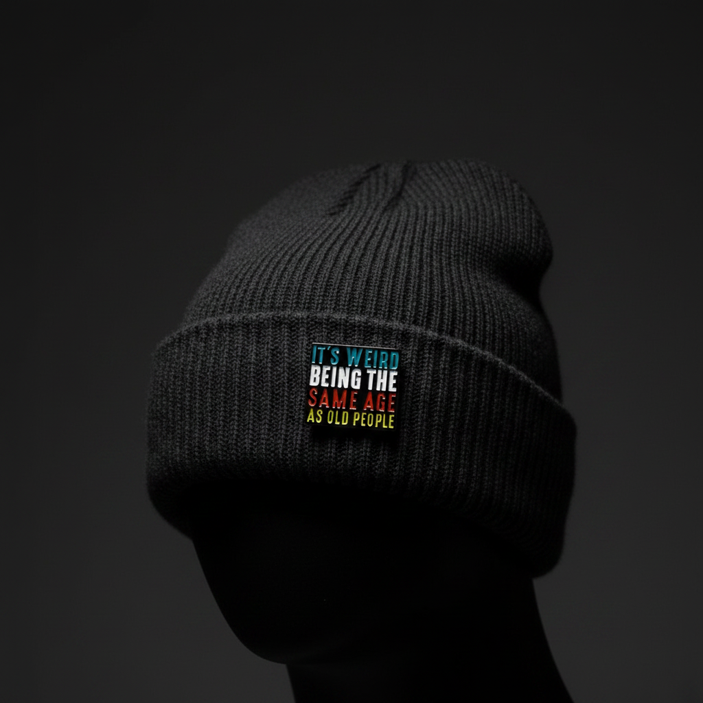 It's weird being the same age as old people enamel pin worn on beanie hat alternative enamel pin for casual outfits and street wear