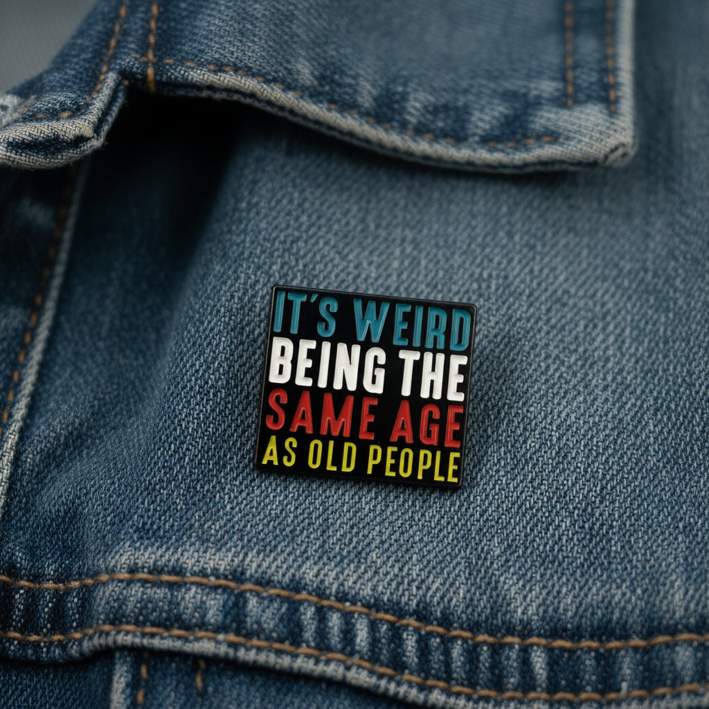 It's weird being the same age as old people enamel pin worn on jacket lapel, funny pin style for everyday wear