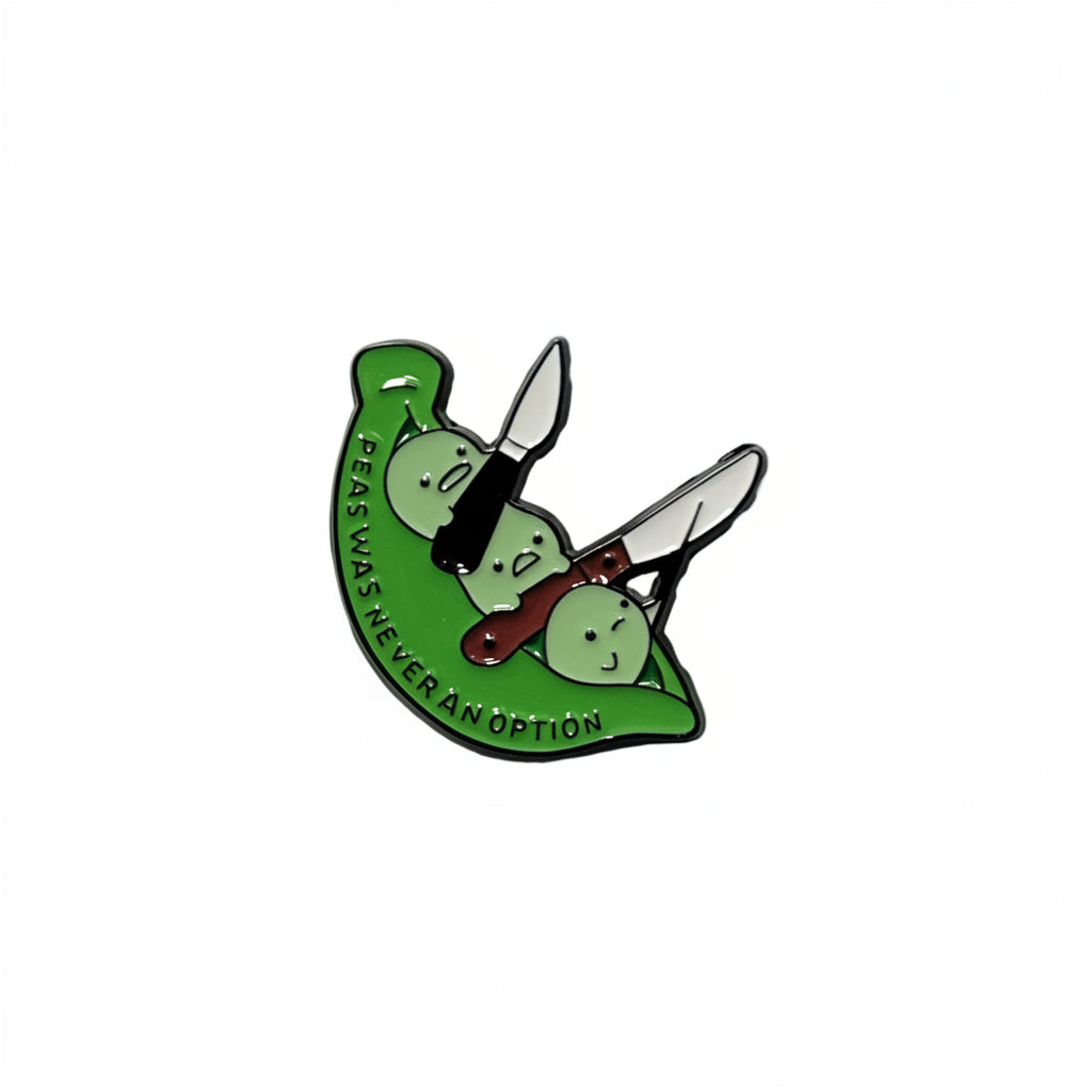 Green and white pin with text on a gray background