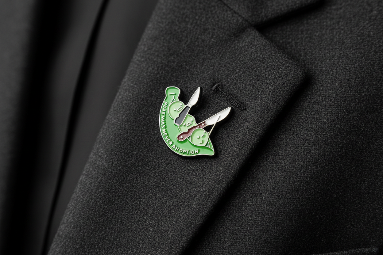 Green and white pin with text on a gray fabric background
