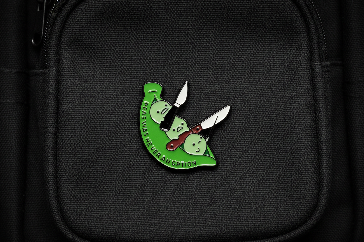 Green and white pin with text on a black bookbag background