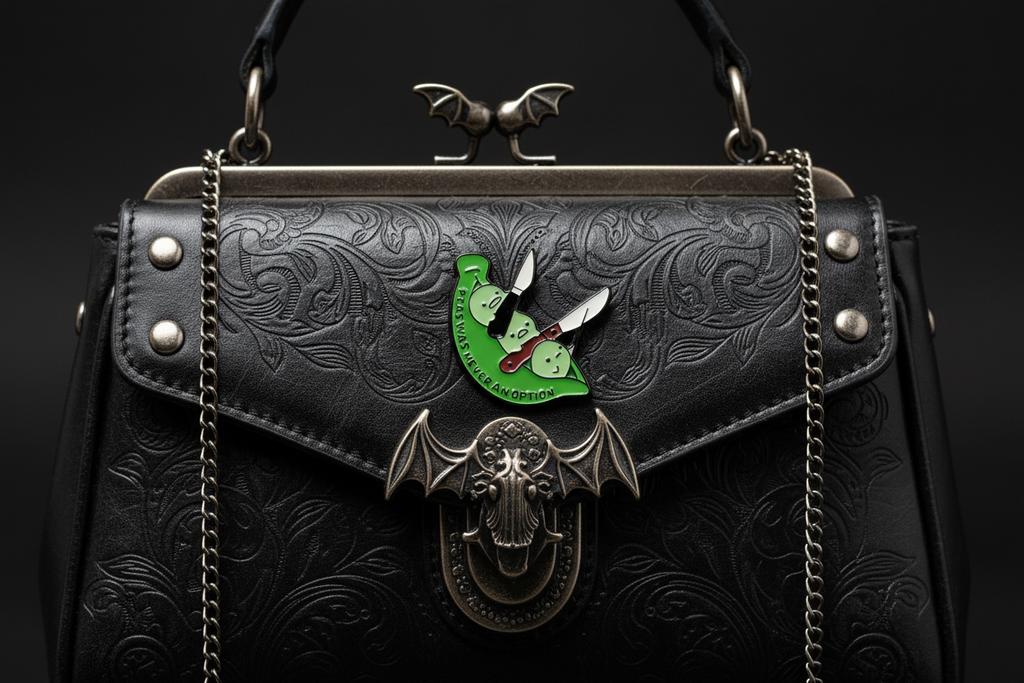 Green and white pin with text on a black purse background