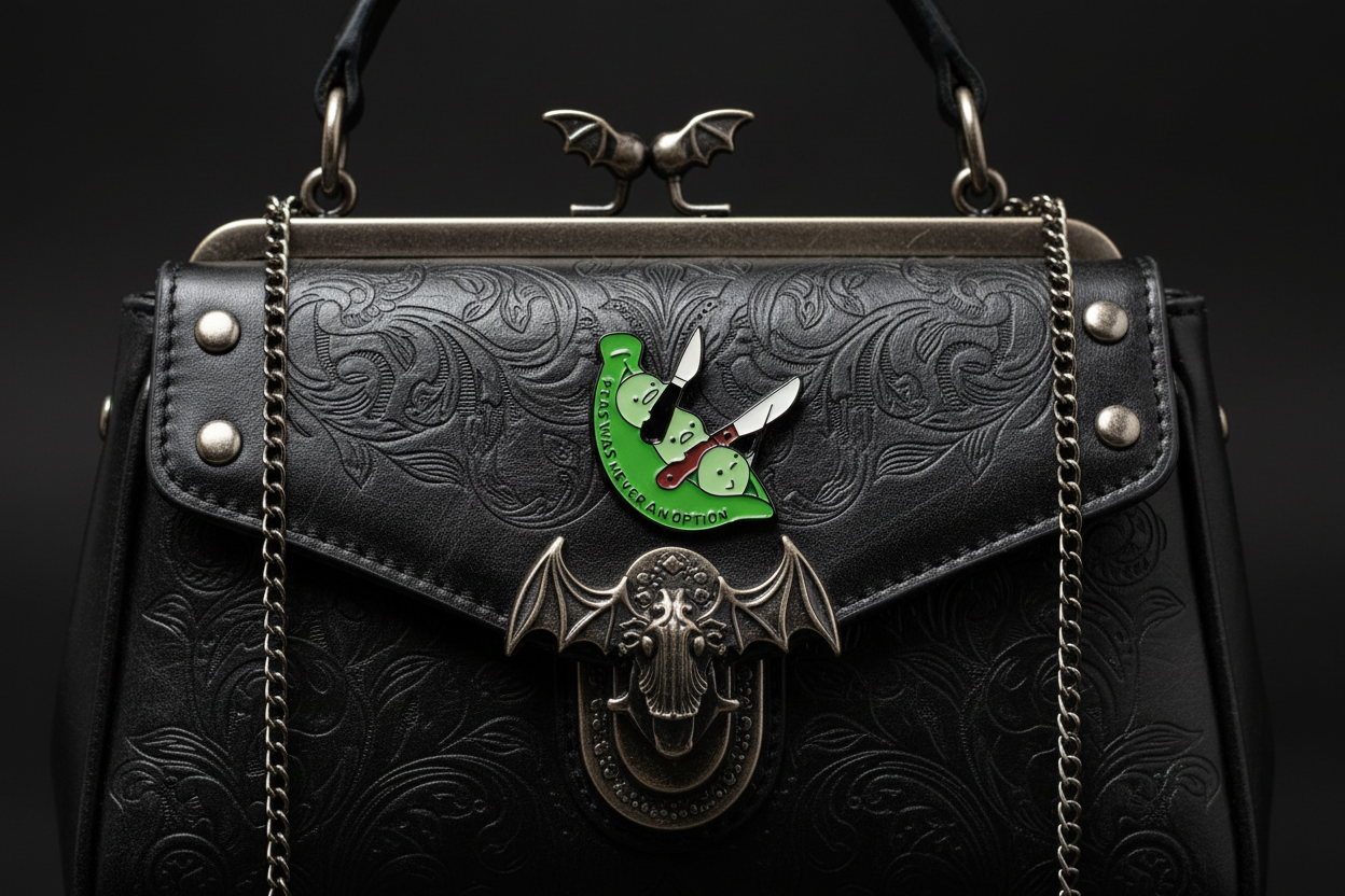 Green and white pin with text on a black purse background