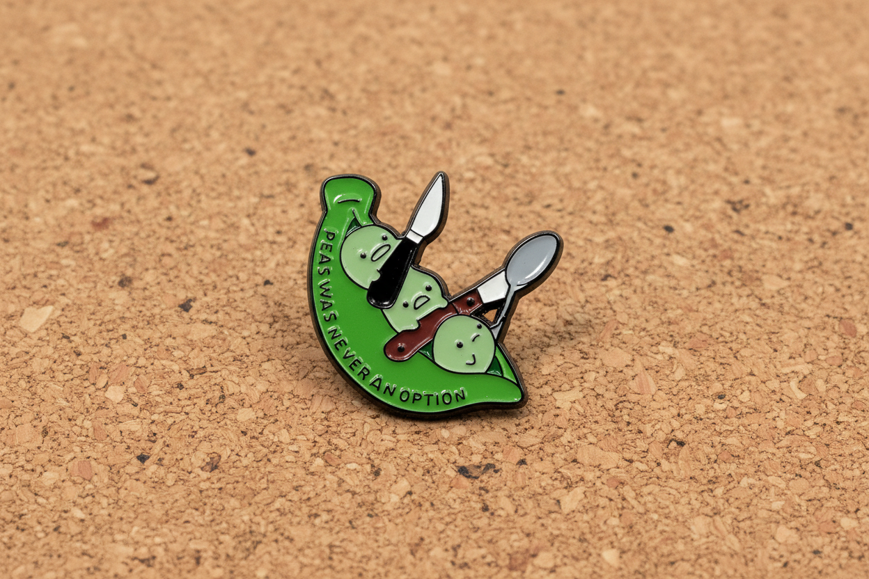 Green and white pin with text on a cork background