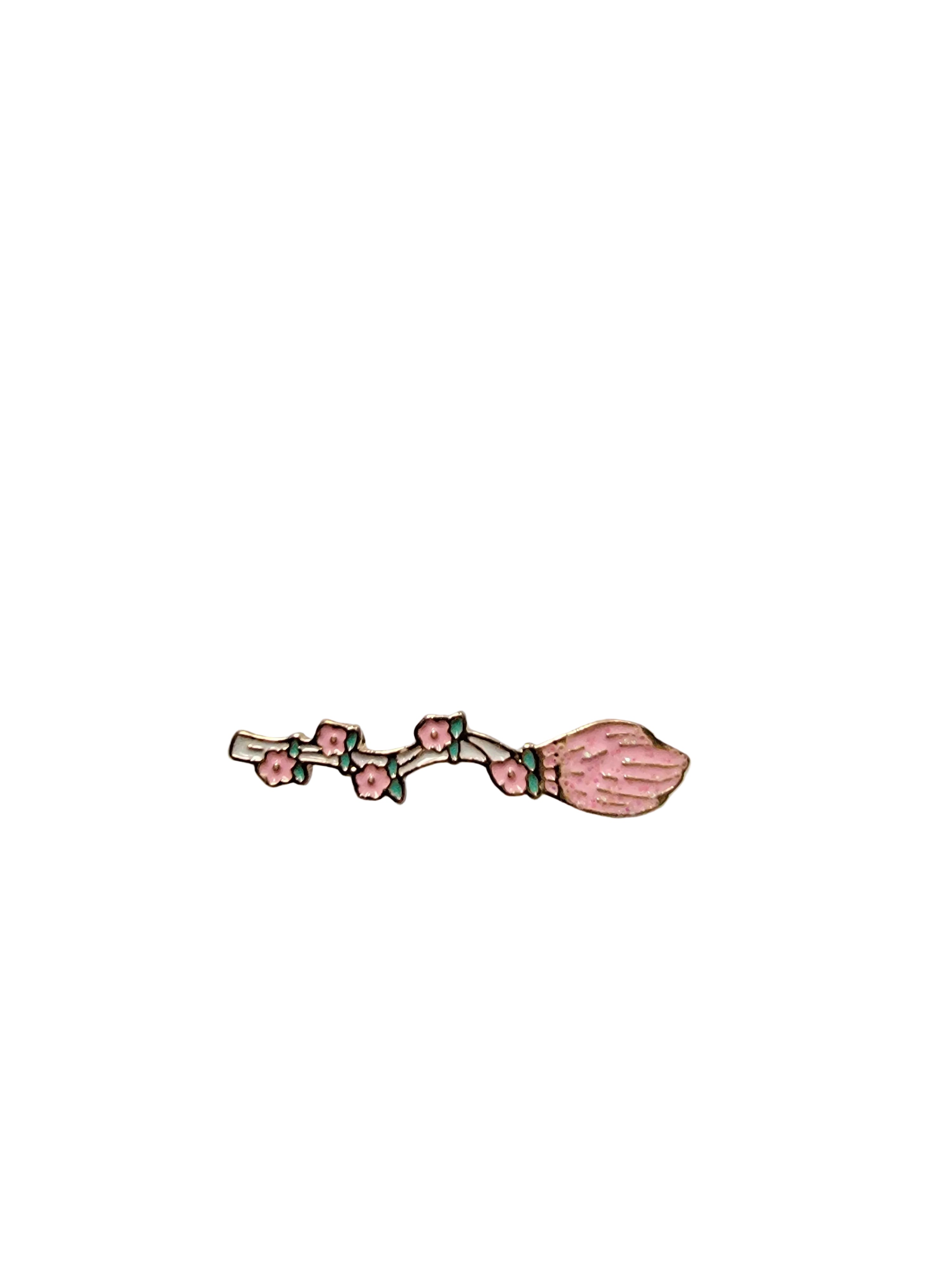 pink witch broom enamel pin featuring cute broom, witchy gift for jackets and bags 