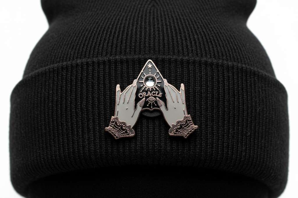 planchette enamel pin worn on beanie hat goth enamel pin for casual outfits and street wear