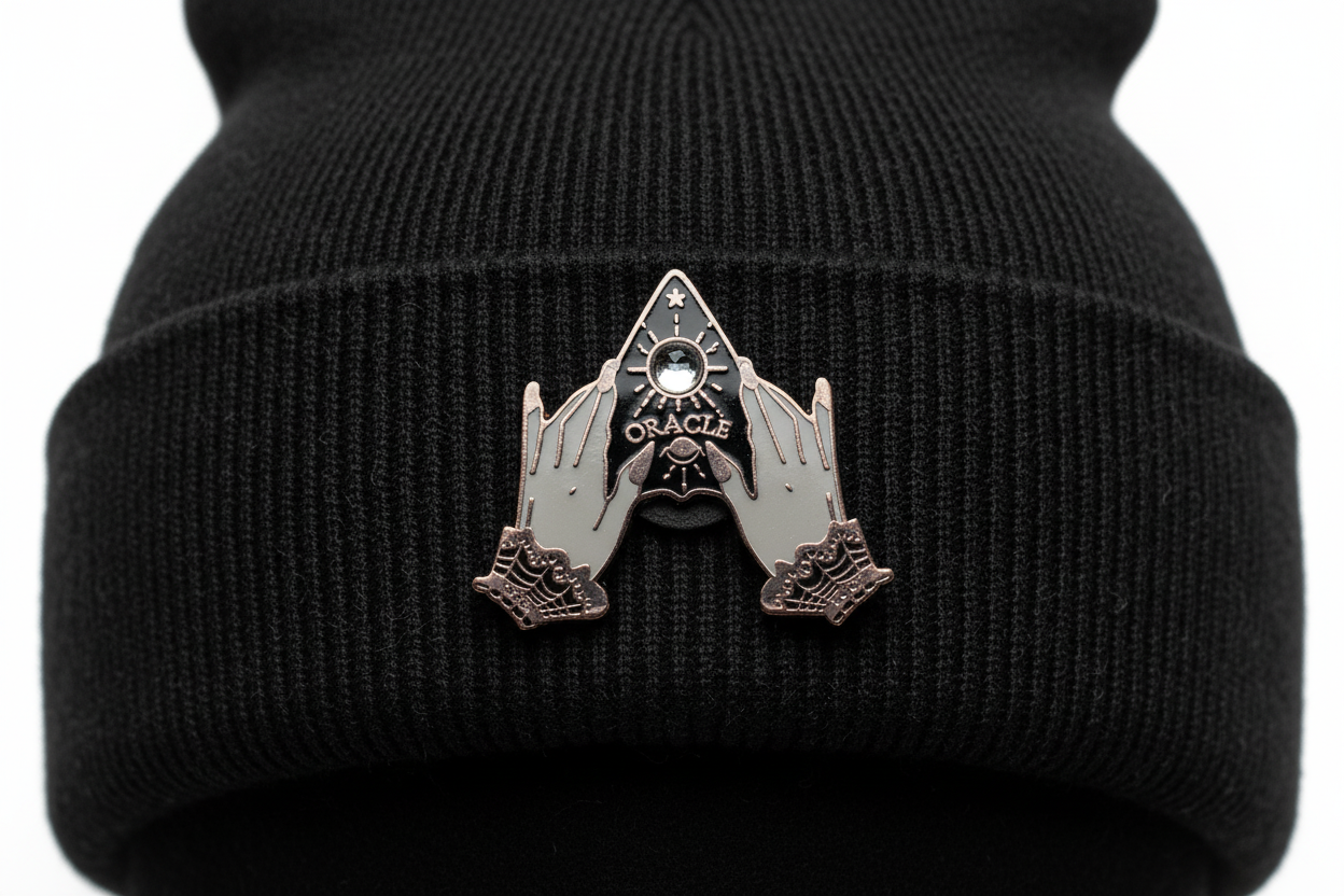 planchette enamel pin worn on beanie hat goth enamel pin for casual outfits and street wear