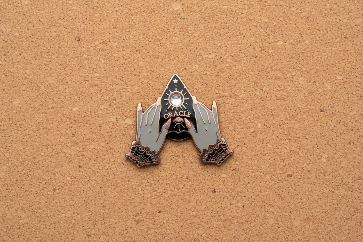 planchette enamel pin displayed on cork board witchy enamel pin for collectors and display