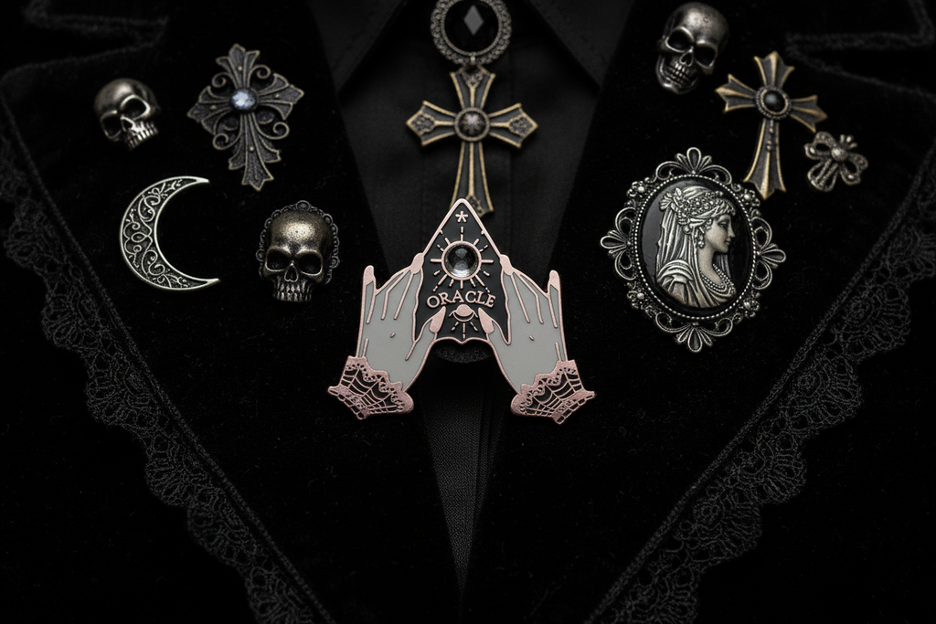 planchette enamel pin worn on jacket lapel, occult pin styles for everyday wear