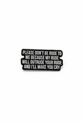 Black metal badge with white text on a gray background