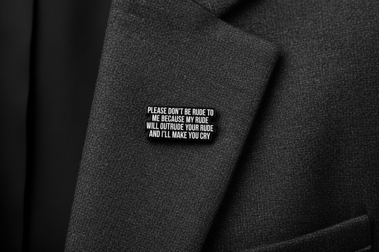 Black metal badge with white text on a gray fabric background
