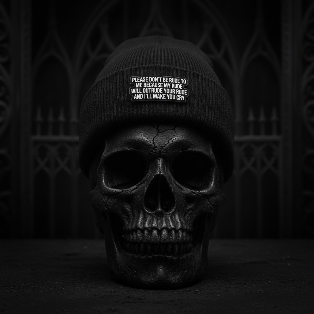 Please don't be rude to me becasue my rude will outrude your rude and i'll make you cry enamel pin worn on beanie hat alternative enamel pin for casual outfits and street wear