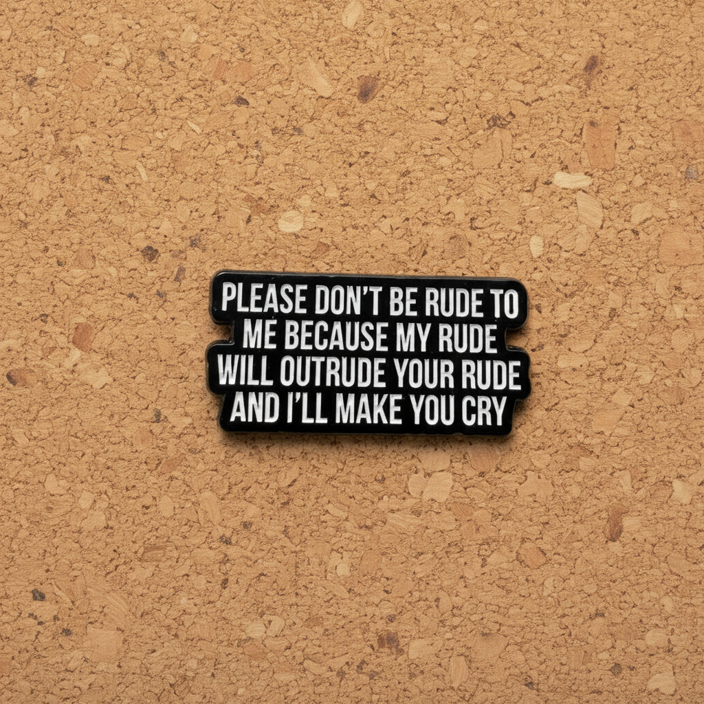 Please don't be rude to me becasue my rude will outrude your rude and i'll make you cry enamel pin displayed on cork board coworker enamel pin for collectors and display