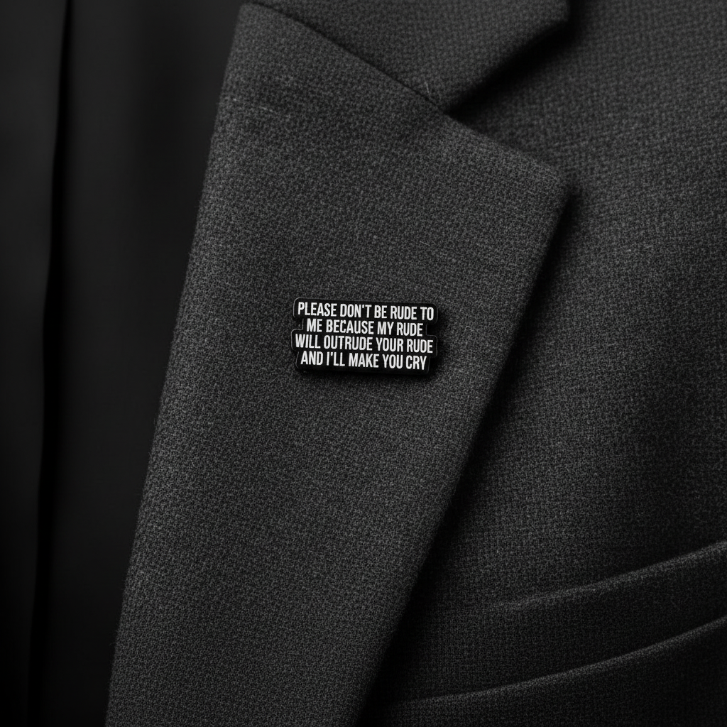 Please don't be rude to me becasue my rude will outrude your rude and i'll make you cry enamel pin worn on jacket lapel, funny pin style for everyday wear