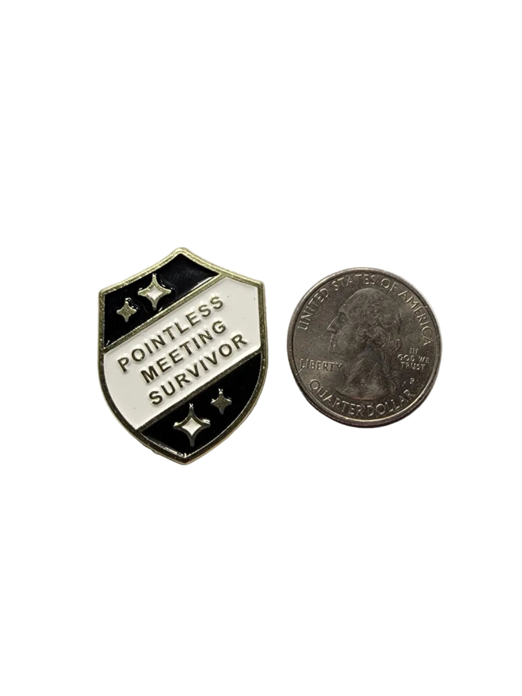 Small badge labeled 'Pointless Meeting Survivor' next to a coin on a light gray background