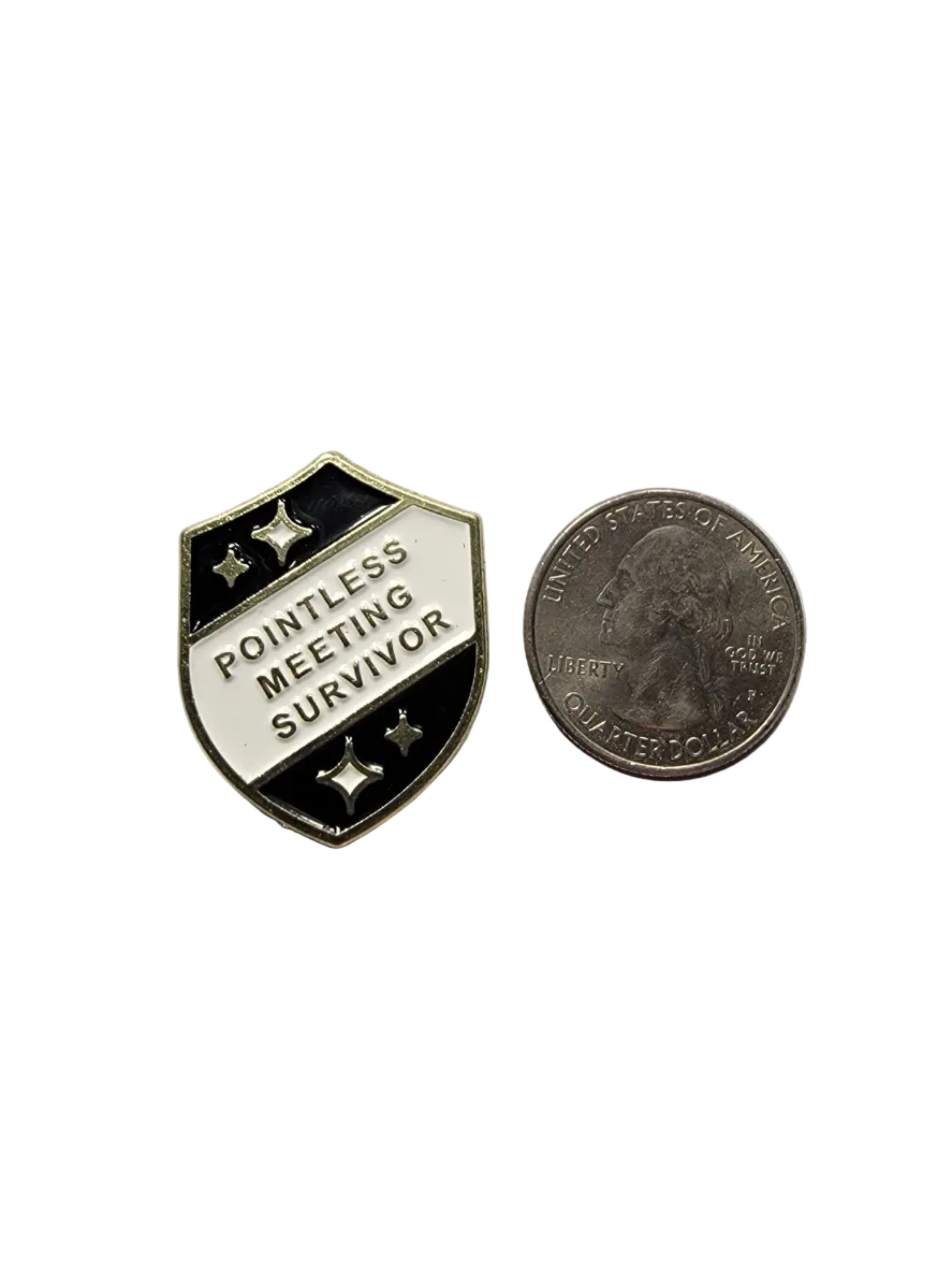 Small badge labeled 'Pointless Meeting Survivor' next to a coin on a light gray background