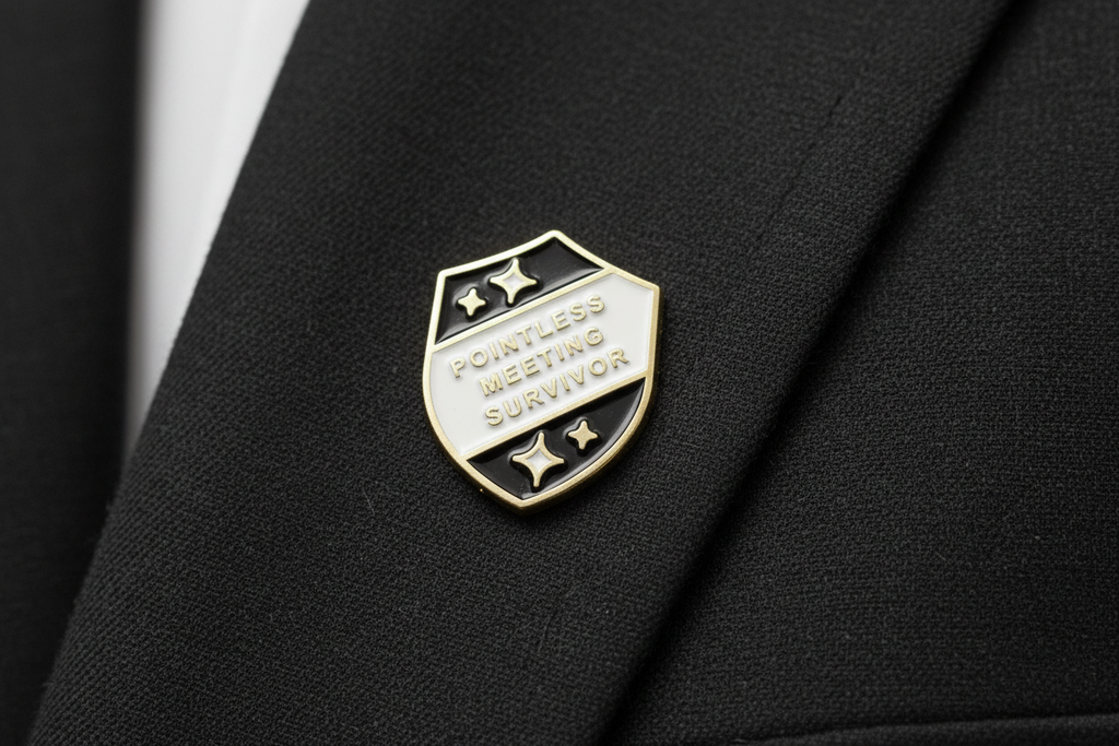 a black and silver pin with text on a black fabric background
