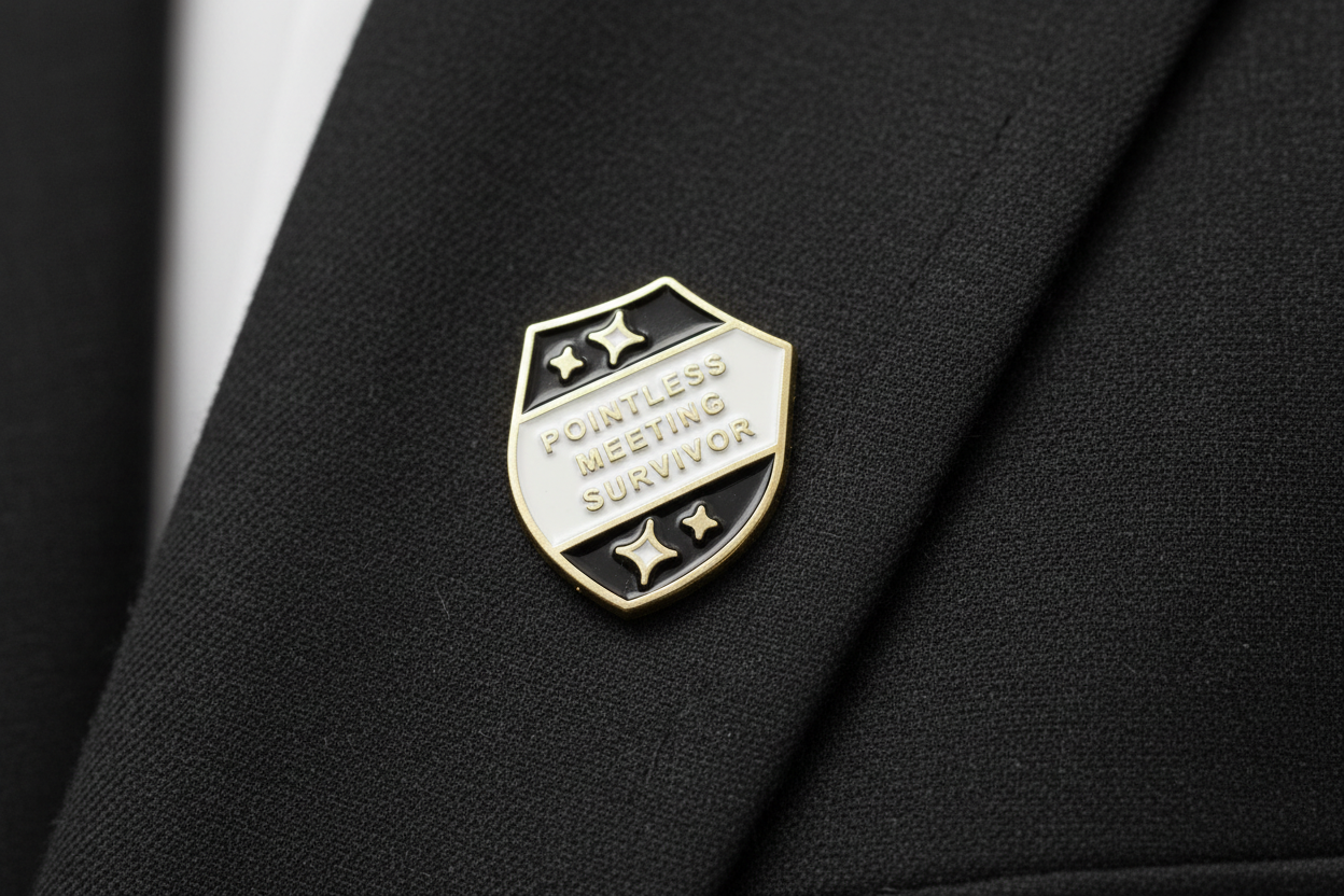 a black and silver pin with text on a black fabric background