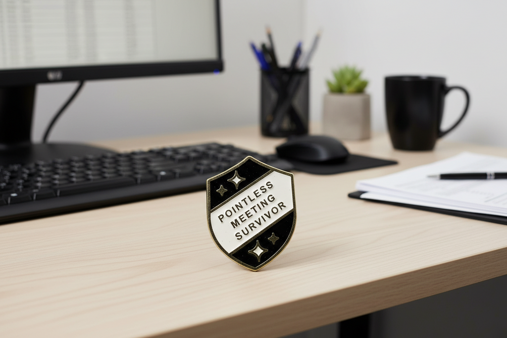 a black and silver pin with text on a desk with a computer 