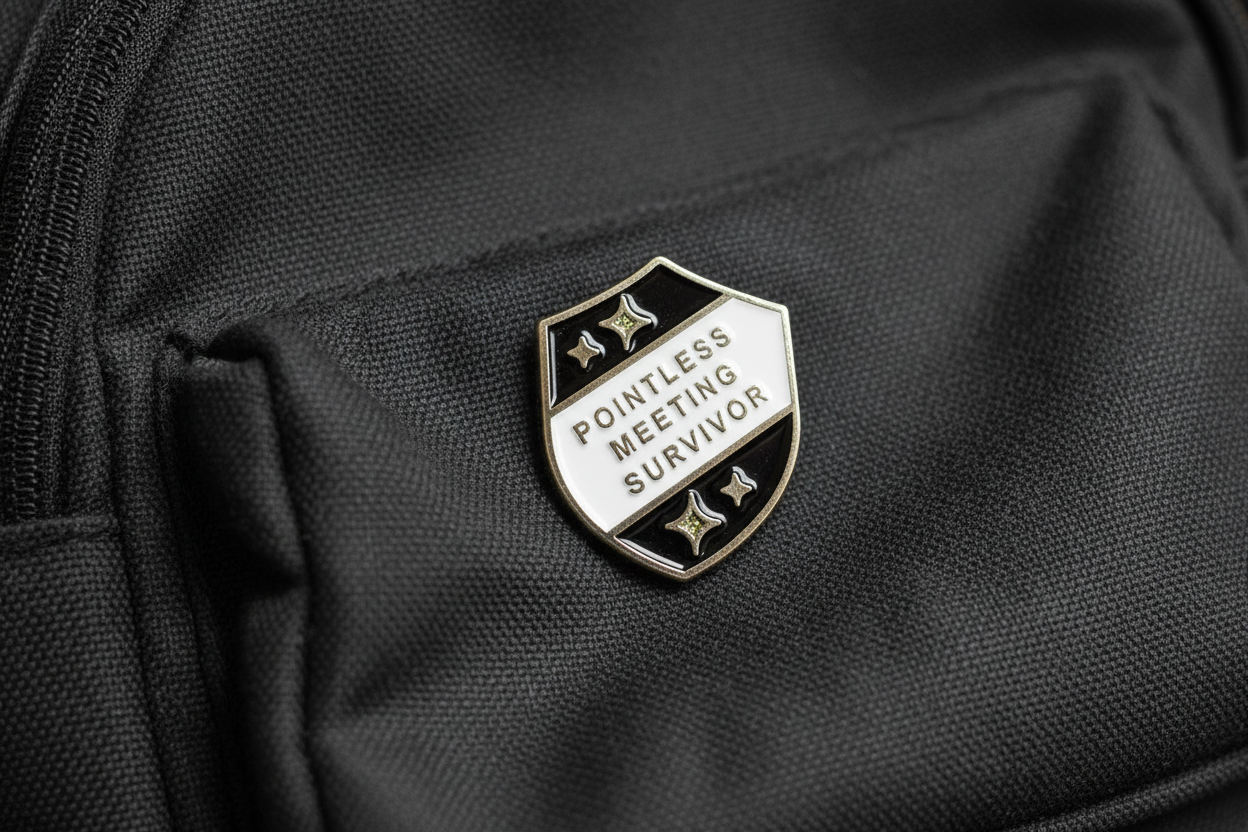 a black and silver pin with text on a black bookbag