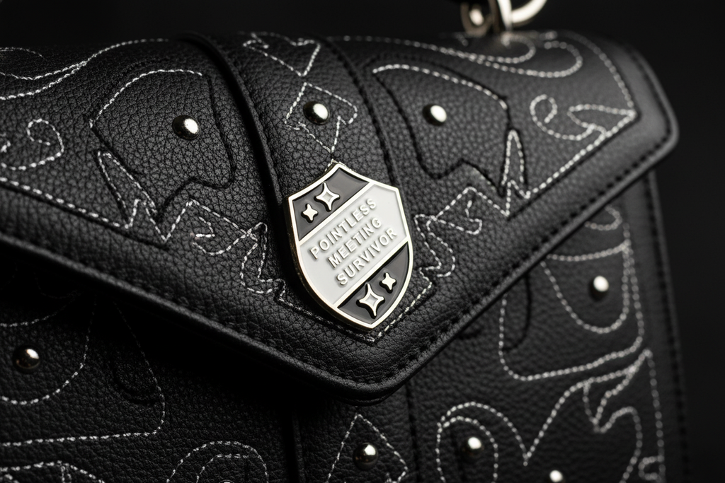 a black and silver pin with text on a black leather purse