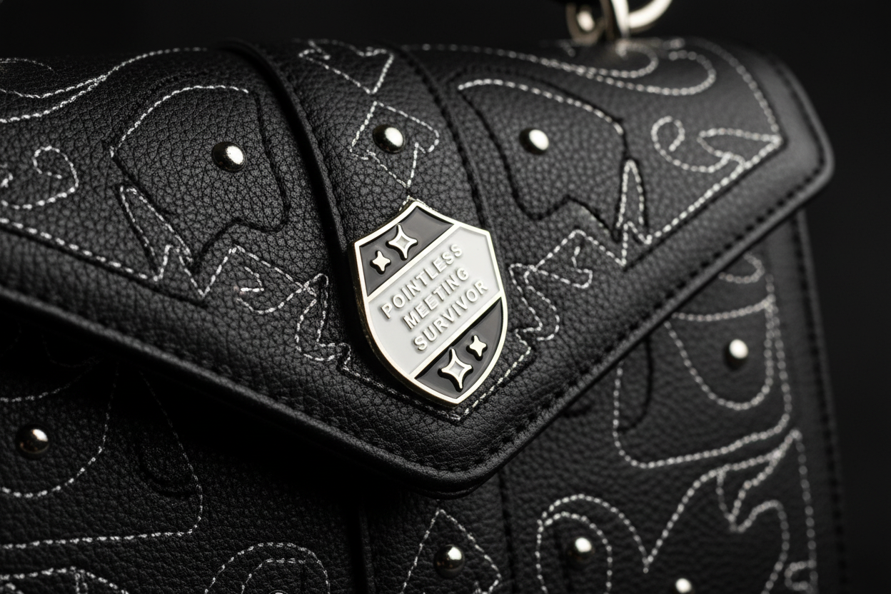 a black and silver pin with text on a black leather purse