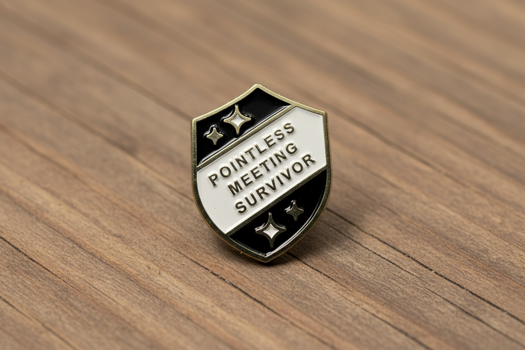 a black and silver pin with text on  a wood background