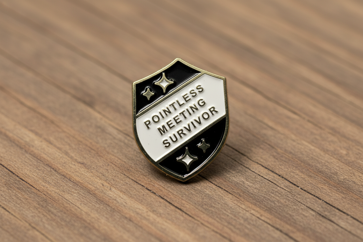 a black and silver pin with text on  a wood background