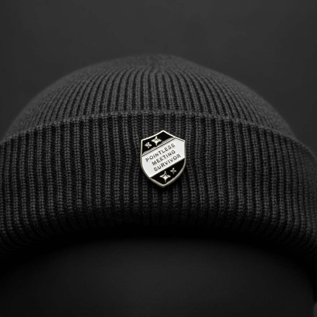 Pointless meeting survior enamel pin worn on beanie hat alternative enamel pin for casual outfits and street wear