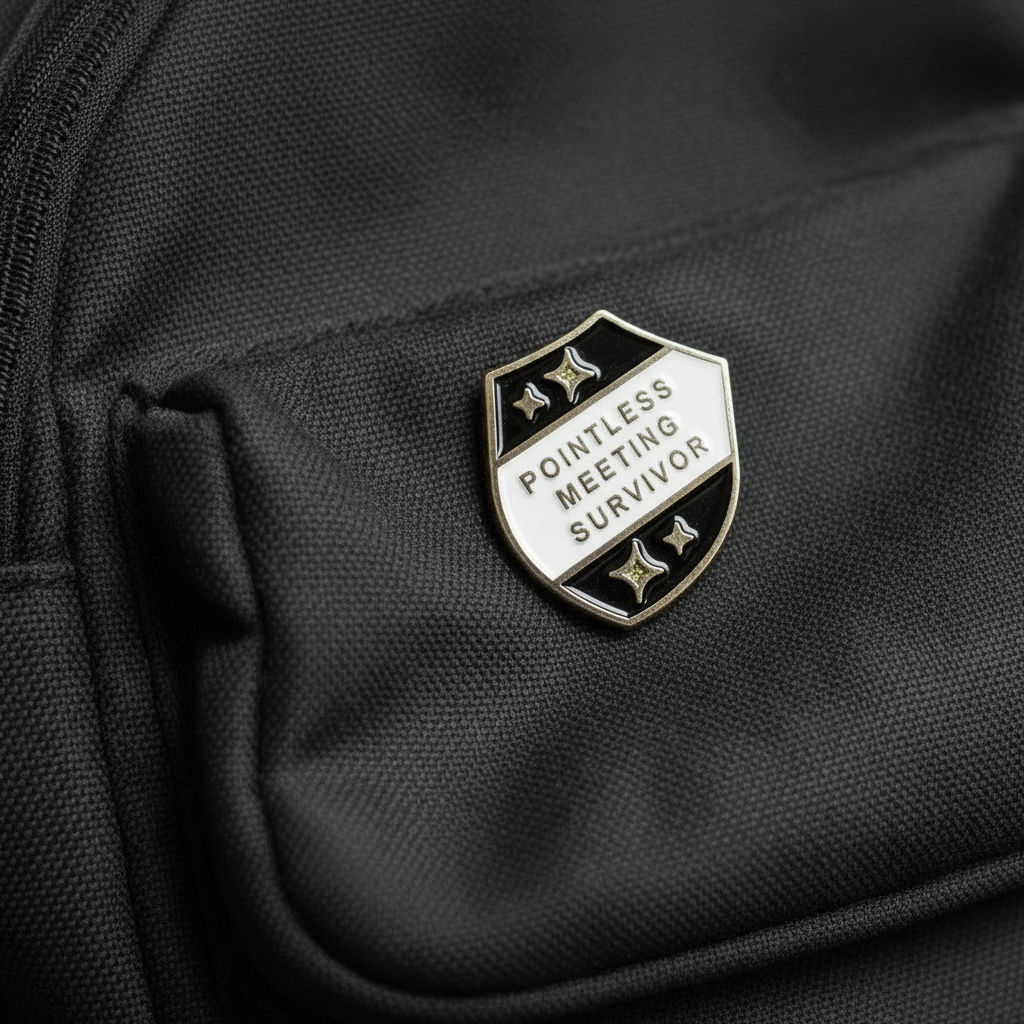 Pointless meeting survior enamel pin on backpack funny accessory for customizing bags and school gear