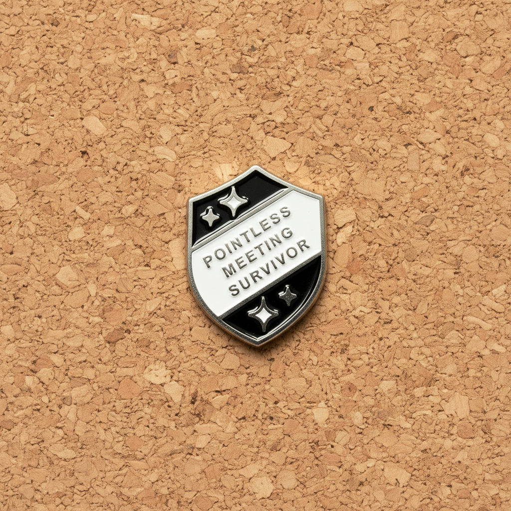 Pointless meeting survior enamel pin displayed on cork board funny enamel pin for collectors and display
