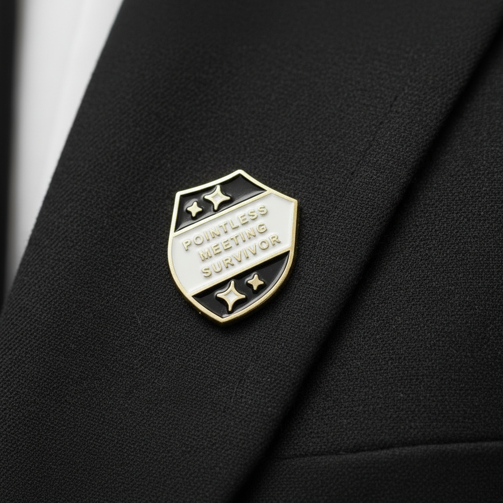 Pointless meeting survior enamel pin  worn on jacket lapel, work pin style for everyday wear 