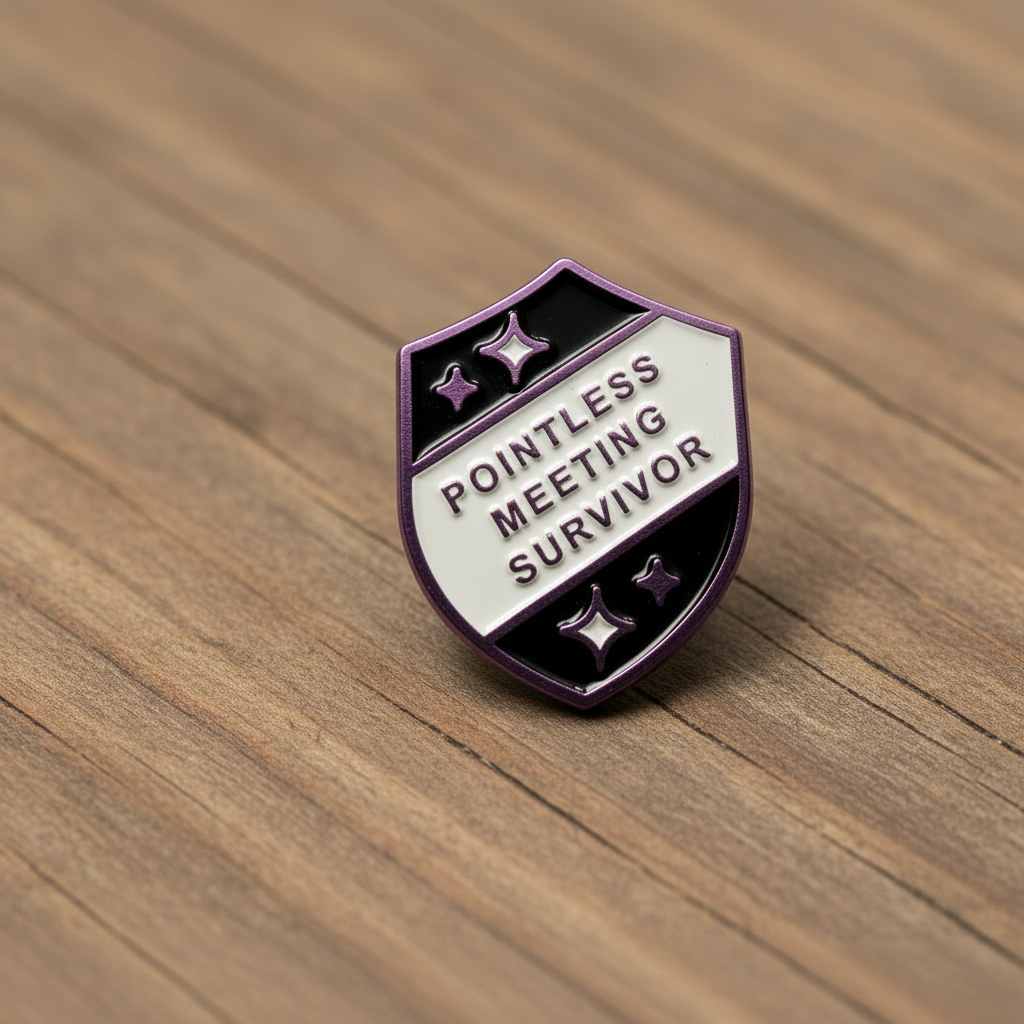 Pointless meeting survior enamel pin on wood background work enamel pin with badge detail