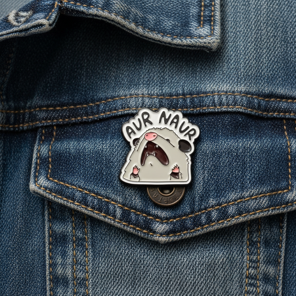 Aur Naur enamel pin worn on denim jacket lapel, funny pin style for everyday wear
