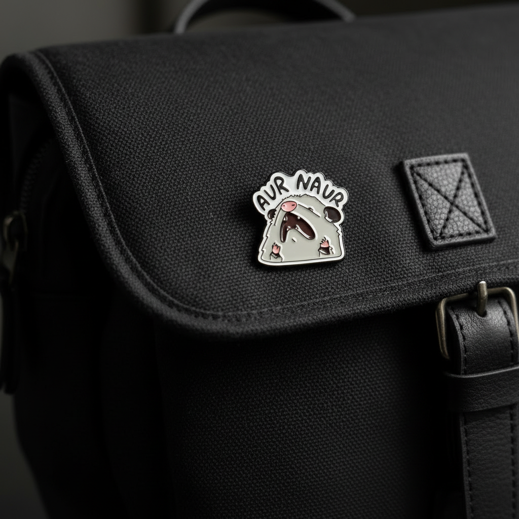 Aur Naur enamel pin on backpack funny meme accessory for customizing bags and school gear