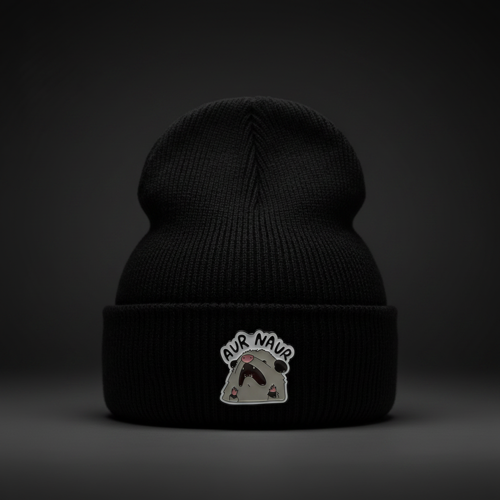 Aur Naur enamel pin worn on beanie hat alternative enamel pin for casual outfits and street wear