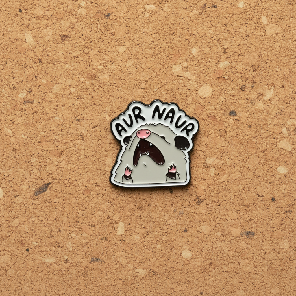 Aur Naur enamel pin displayed on cork board possum enamel pin for collectors and display
