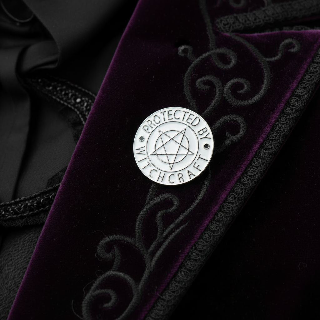 protected by witchcraft enamel pin worn on jacket lapel, goth Enamel pin styles for everyday wear