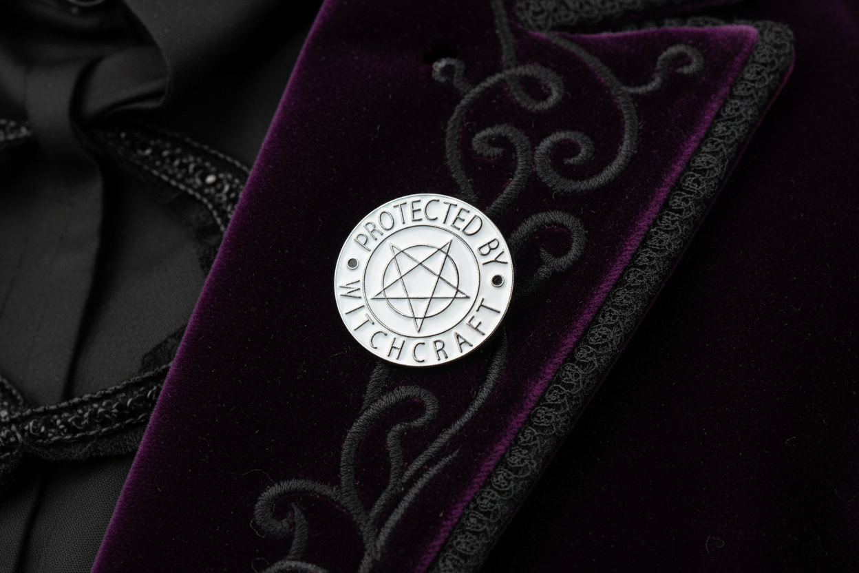 protected by witchcraft enamel pin worn on jacket lapel, goth Enamel pin styles for everyday wear